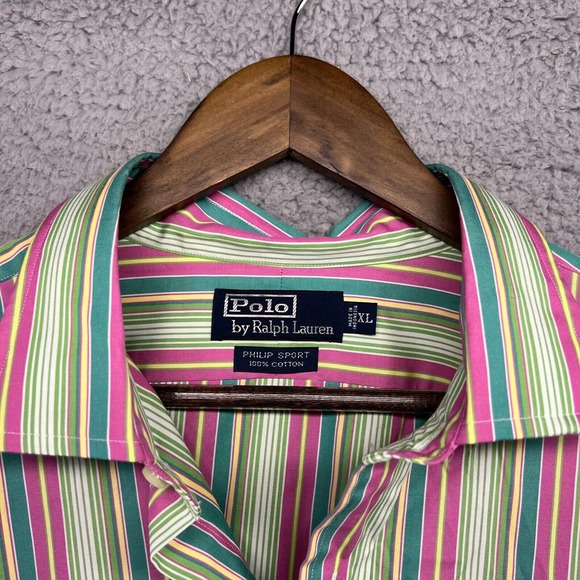 Ralph Lauren Shirt Men's Extra Large Green Pink Striped Philip Sport Cotton XL - Picture 4 of 10